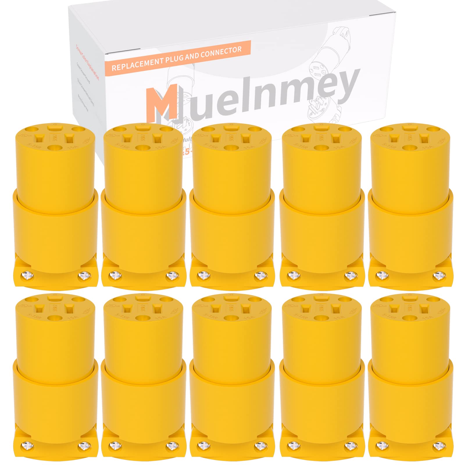 Muelnmey 10Pcs Extension Cord Ends Electrical Replacement Connector Nema 5 15R 15A 125V Yellow Shell 2 Pole 3 Wire Grounding Fem
